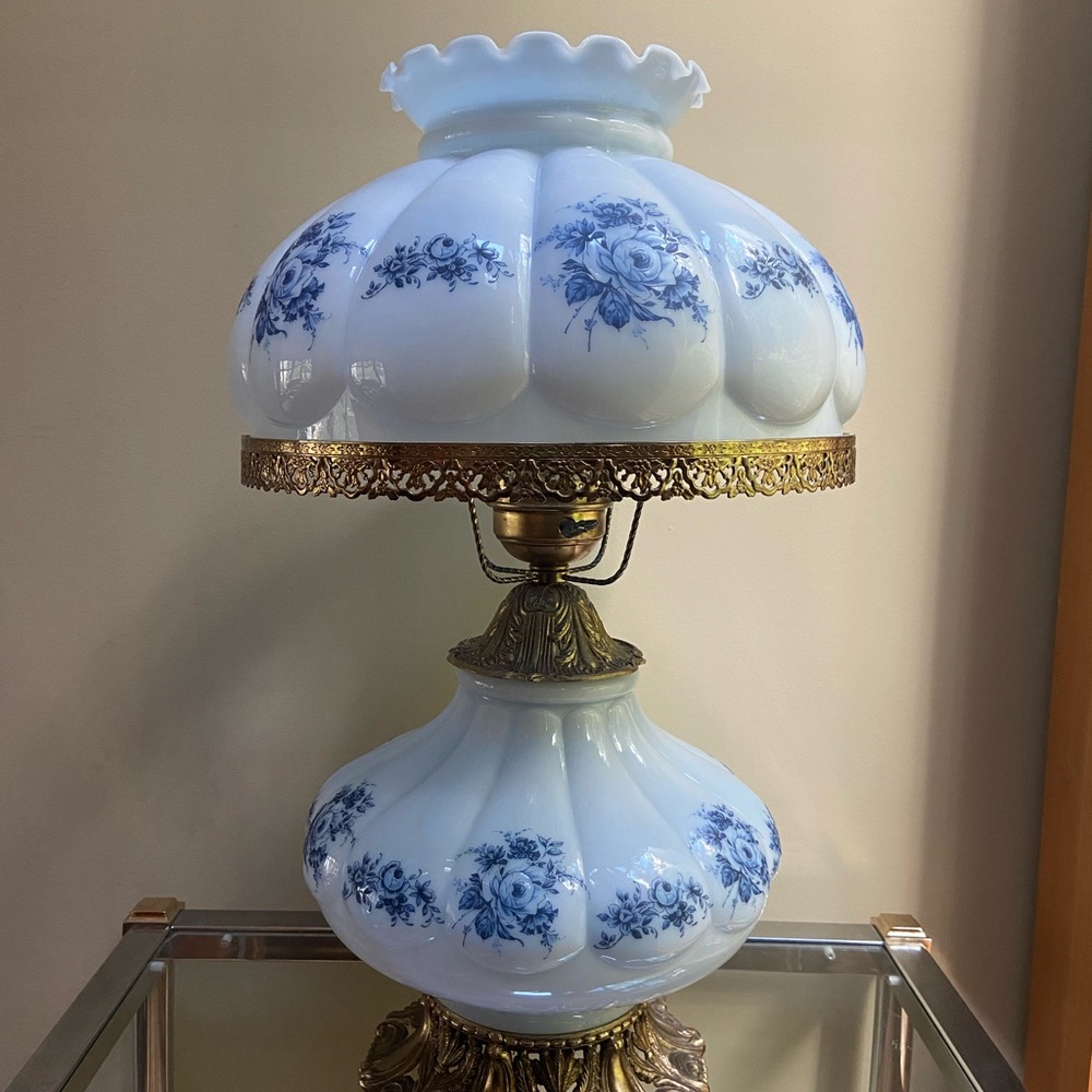 Vintage Glass Lamp with Blue Floral Design